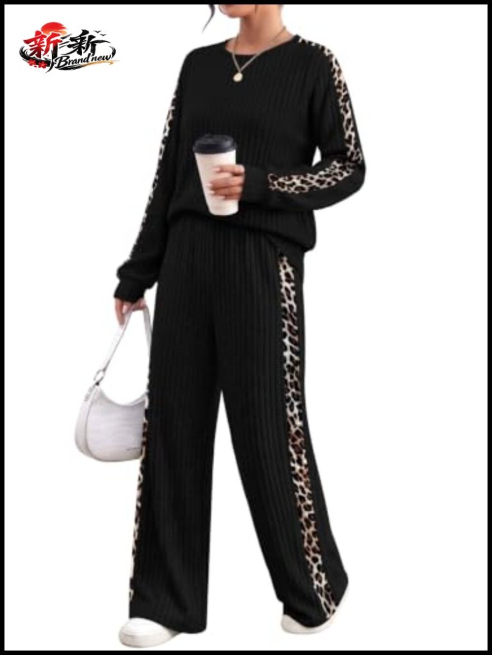 Women's 2-Piece Lounge Set Long Sleeve Wide Leg Pants Ribbed Knit